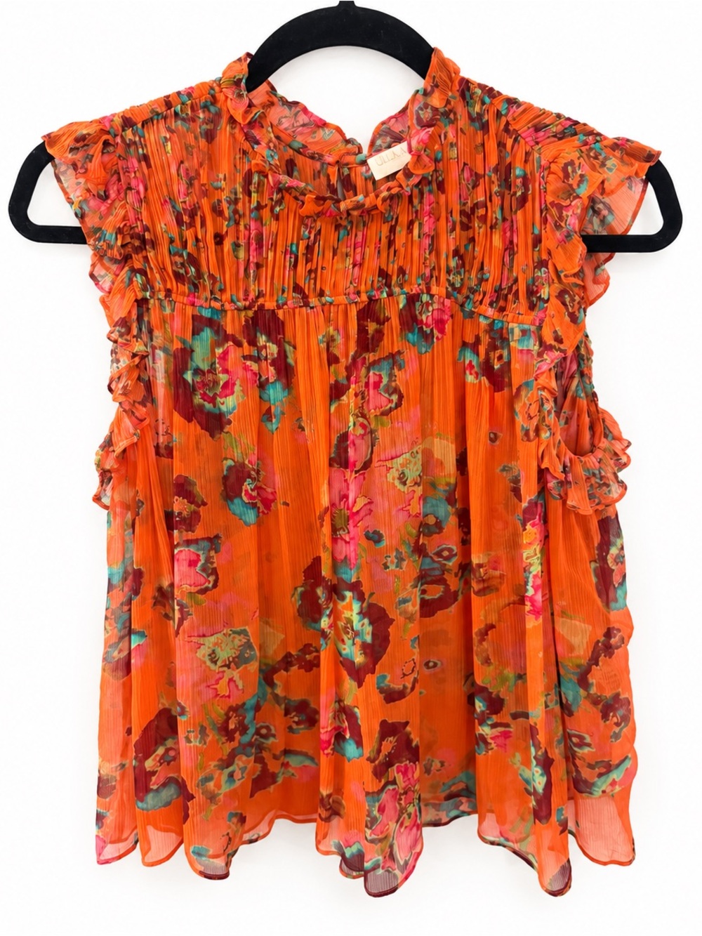 Ulla Johnson Georgina Plissé Silk Floral Top Begonia Orange Size 0